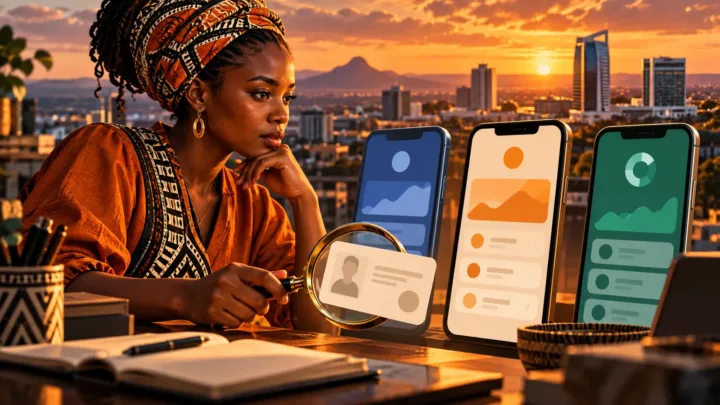 Une entrepreneuse compare trois interfaces abstraites et examine une fiche avec une loupe dans un bureau à Gaborone.