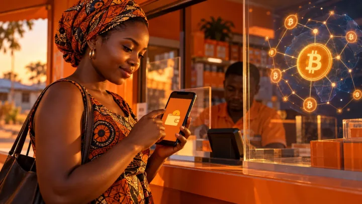 Une cliente utilise un portefeuille mobile dans un comptoir, séparé d’un réseau Bitcoin symbolique par une paroi transparente.