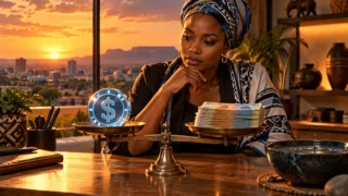 Une entrepreneuse observe une balance entre un jeton symbolique lié au dollar et des billets stylisés près d’un bol d’eau.