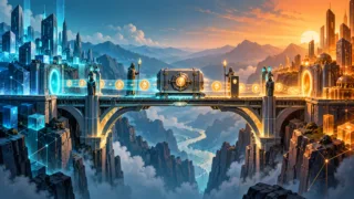 Pont numérique stylisé reliant deux blockchains et transférant un actif crypto