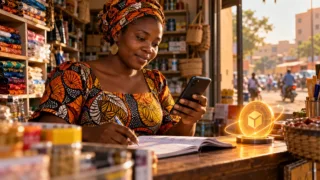 Une commerçante burkinabè examine un paiement mobile et un actif numérique