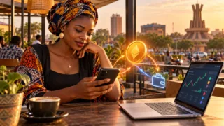 Une utilisatrice examine un échange crypto et un paiement mobile