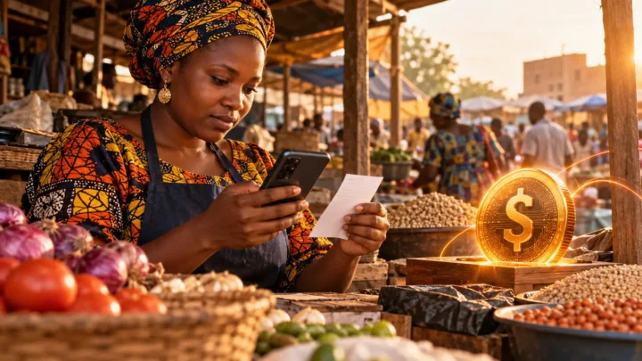Une commerçante vérifie un reçu mobile et la livraison d’un stablecoin