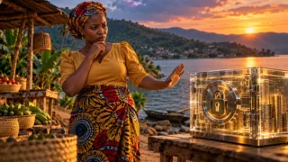 Une commerçante burundaise examine un coffre numérique fermé devant les rives du lac Tanganyika.