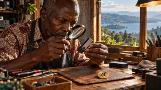 Un réparateur burundais étudie un portefeuille matériel et une pièce Bitcoin symbolique dans son atelier.