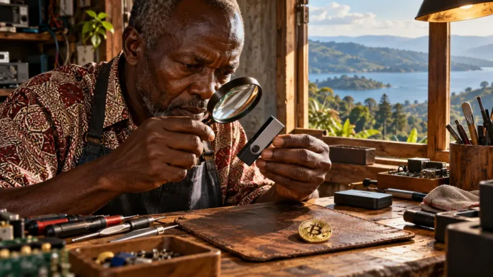 Un réparateur burundais étudie un portefeuille matériel et une pièce Bitcoin symbolique dans son atelier.