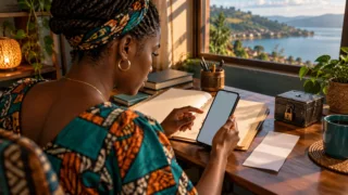 Une Burundaise suspend un geste vers son téléphone pour vérifier un dossier et un reçu à son bureau.