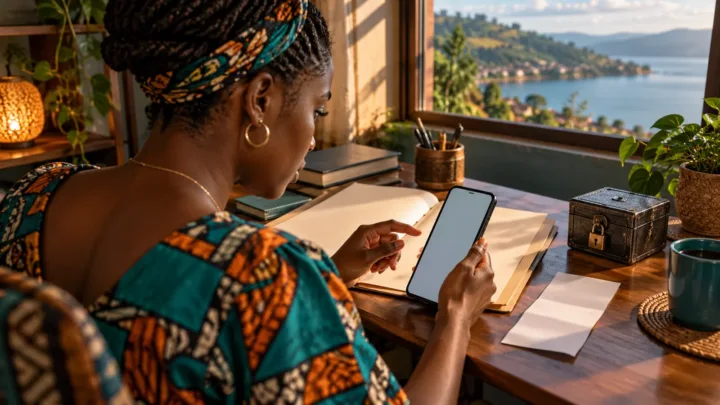 Une Burundaise suspend un geste vers son téléphone pour vérifier un dossier et un reçu à son bureau.