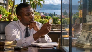 Un comptable burundais compare une pièce symbolique et des billets de référence près d’une vitre dans son bureau.