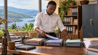 Un analyste burundais classe les pièces d’un dossier de conformité dans une salle lumineuse donnant sur des collines.