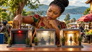 Une utilisatrice burundaise compare trois guichets numériques abstraits dont un passage reste fermé.