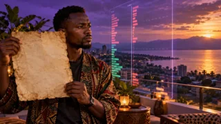 Un Burundais confronte une archive papier à un carnet d’ordres numérique abstrait avec des espaces vides.