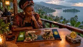 Deux téléphones et une passerelle interrompue illustrent des circuits de paiement différents dans un café burundais.