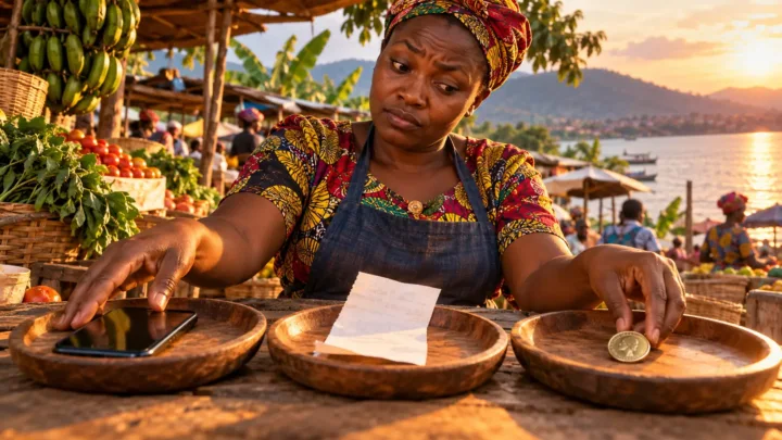 A Burundian female seller separates a phone, receipt and symbolic metal token while examining a payment offer.
