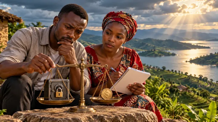 A Burundian couple examines a balance between a dollar token and a locked safe near a landscape of green hills.