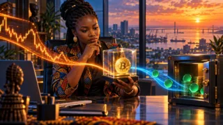 Entrepreneuse camerounaise examinant une pièce Bitcoin et un coffre dans un bureau de Douala