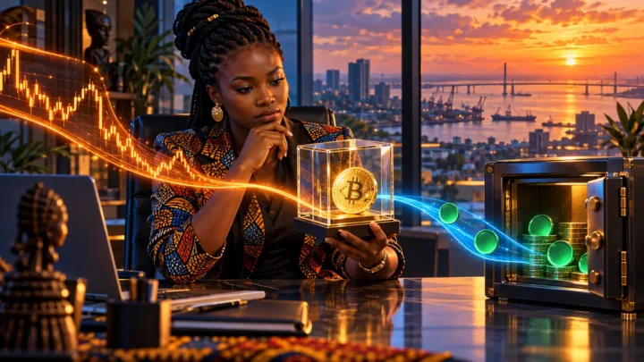Entrepreneuse camerounaise examinant une pièce Bitcoin et un coffre dans un bureau de Douala