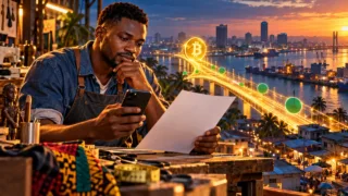 Commerçant camerounais vérifiant un devis et un téléphone avant une passerelle Bitcoin