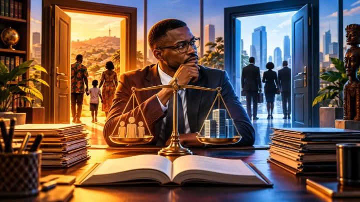 Juriste camerounais comparant des dossiers devant une balance et deux portes séparées
