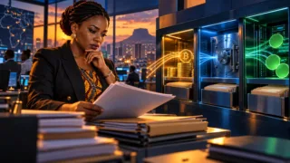 Responsable camerounaise examinant des dossiers et des compartiments numériques séparés