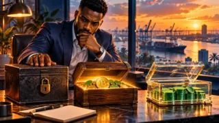 Entrepreneur camerounais comparant trois coffres numériques et leurs accès dans un bureau