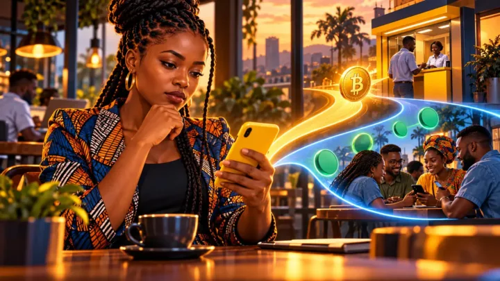 Utilisatrice camerounaise observant un téléphone jaune et deux circuits de paiement
