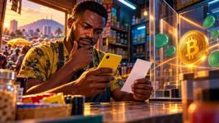 Commerçant camerounais vérifiant un téléphone jaune et une pièce Bitcoin derrière une vitre