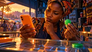 Commerçante camerounaise examinant un téléphone orange et un jeton vert dans sa boutique