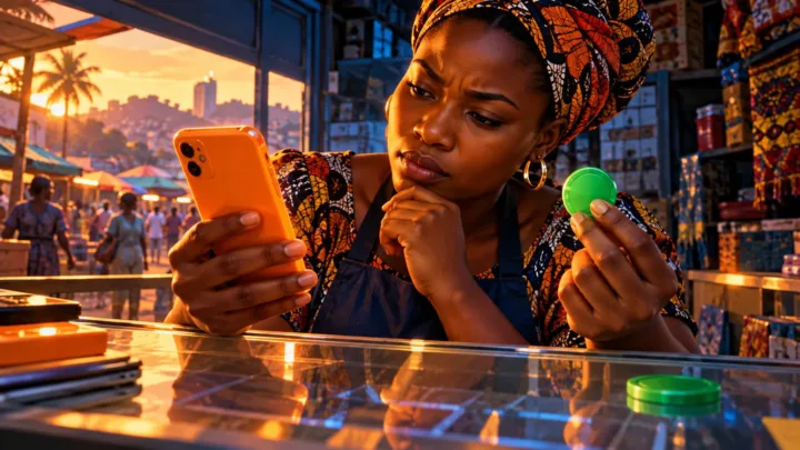 Commerçante camerounaise examinant un téléphone orange et un jeton vert dans sa boutique
