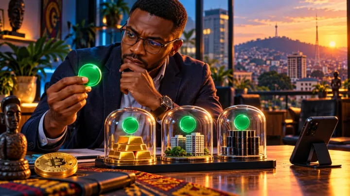 Analyste camerounais comparant un jeton vert, des réserves sous verre et un téléphone
