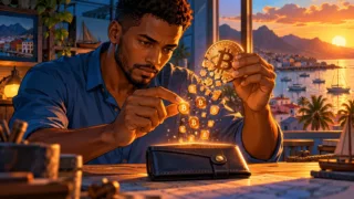 Un technicien cap-verdien observe une pièce Bitcoin conceptuelle divisée en petites unités au-dessus d’un portefeuille.
