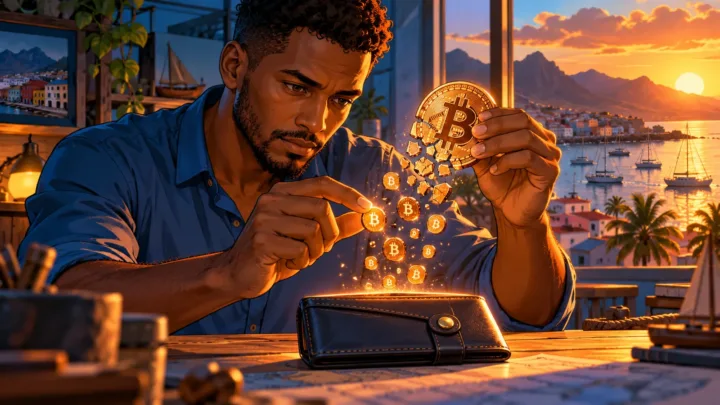 Un technicien cap-verdien observe une pièce Bitcoin conceptuelle divisée en petites unités au-dessus d’un portefeuille.