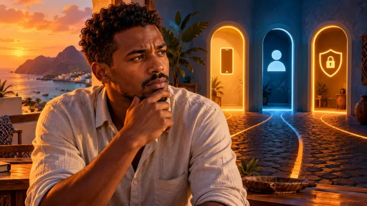 A Cape Verdean user looks at three distinct digital doors symbolising the app, account and product.