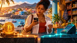 Une cliente cap-verdienne compare un téléphone et une pièce Bitcoin séparés par deux chemins non reliés.