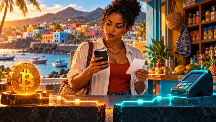 Une cliente cap-verdienne compare un téléphone et une pièce Bitcoin séparés par deux chemins non reliés.