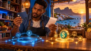 Un commerçant cap-verdien examine une carte neutre, un reçu et un jeton dollar sur deux circuits distincts.