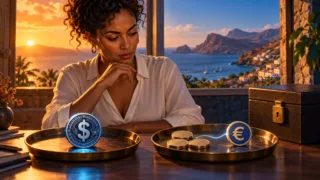 A Cape Verdean businesswoman compares a dollar token with currency units linked to a euro symbol.