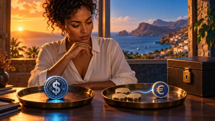 A Cape Verdean businesswoman compares a dollar token with currency units linked to a euro symbol.