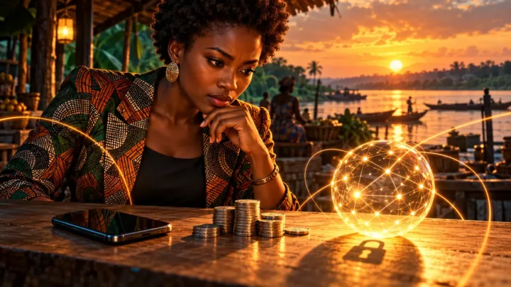 Une entrepreneuse centrafricaine examine trois objets distincts, pièces neutres, téléphone et sphère numérique, dans son atelier.