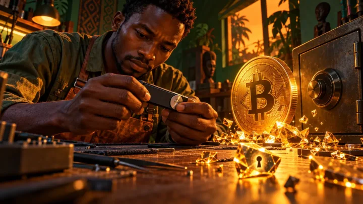 Un technicien centrafricain protège un portefeuille matériel tandis qu’une pièce Bitcoin projette des fragments lumineux.