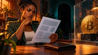 Une acheteuse centrafricaine compare un devis sans texte et une pièce Bitcoin derrière une vitre dans un bureau.