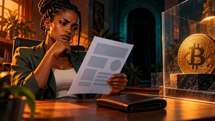 Une acheteuse centrafricaine compare un devis sans texte et une pièce Bitcoin derrière une vitre dans un bureau.