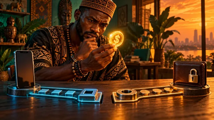 Un commerçant centrafricain examine un jeton dollar générique entre deux voies numériques distinctes.