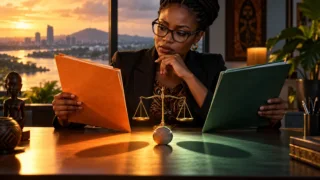 Une juriste centrafricaine étudie deux dossiers neutres près d’une balance et d’un jeton numérique.