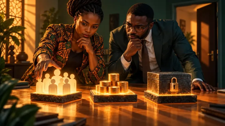 Deux professionnels centrafricains étudient des modules lumineux de clients, paiements et garde des clés.