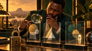 Um empreendedor centro-africano compara três interfaces abstratas sob uma lupa, ao lado de um cadeado fechado.