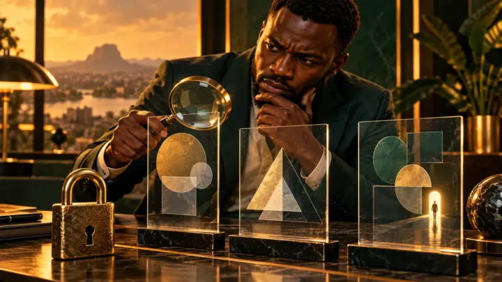 Um empreendedor centro-africano compara três interfaces abstratas sob uma lupa, ao lado de um cadeado fechado.
