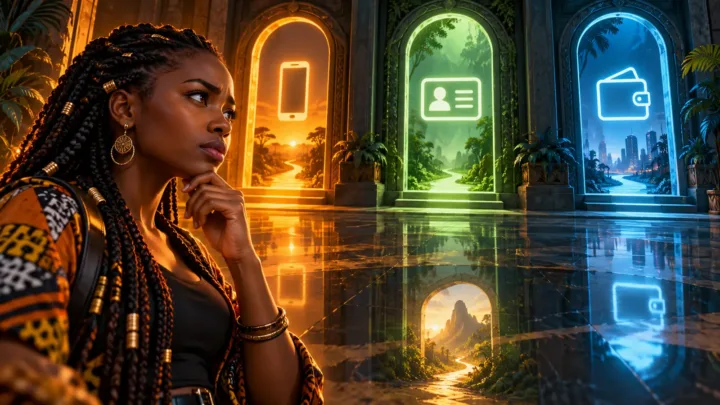 Une utilisatrice centrafricaine observe trois passages distincts symbolisés par un téléphone, une identité neutre et un portefeuille.