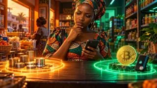 A Central African woman holds a phone between two separate rails, one monetary and the other associated with Bitcoin.