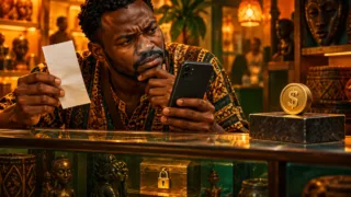 A Central African merchant compares a plain receipt, a phone and a dollar token along two unconnected paths.